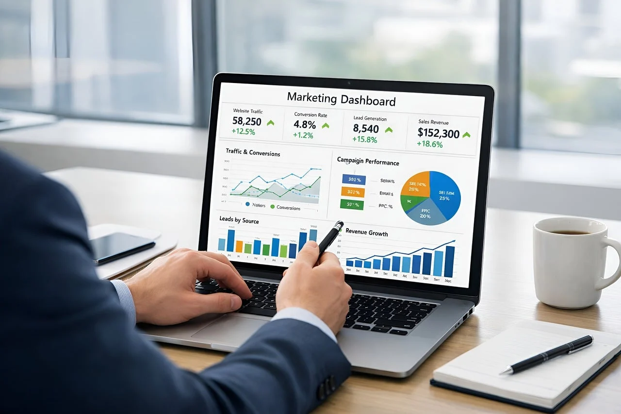 Marketing analytics dashboard showing charts and conversion data for attribution models
