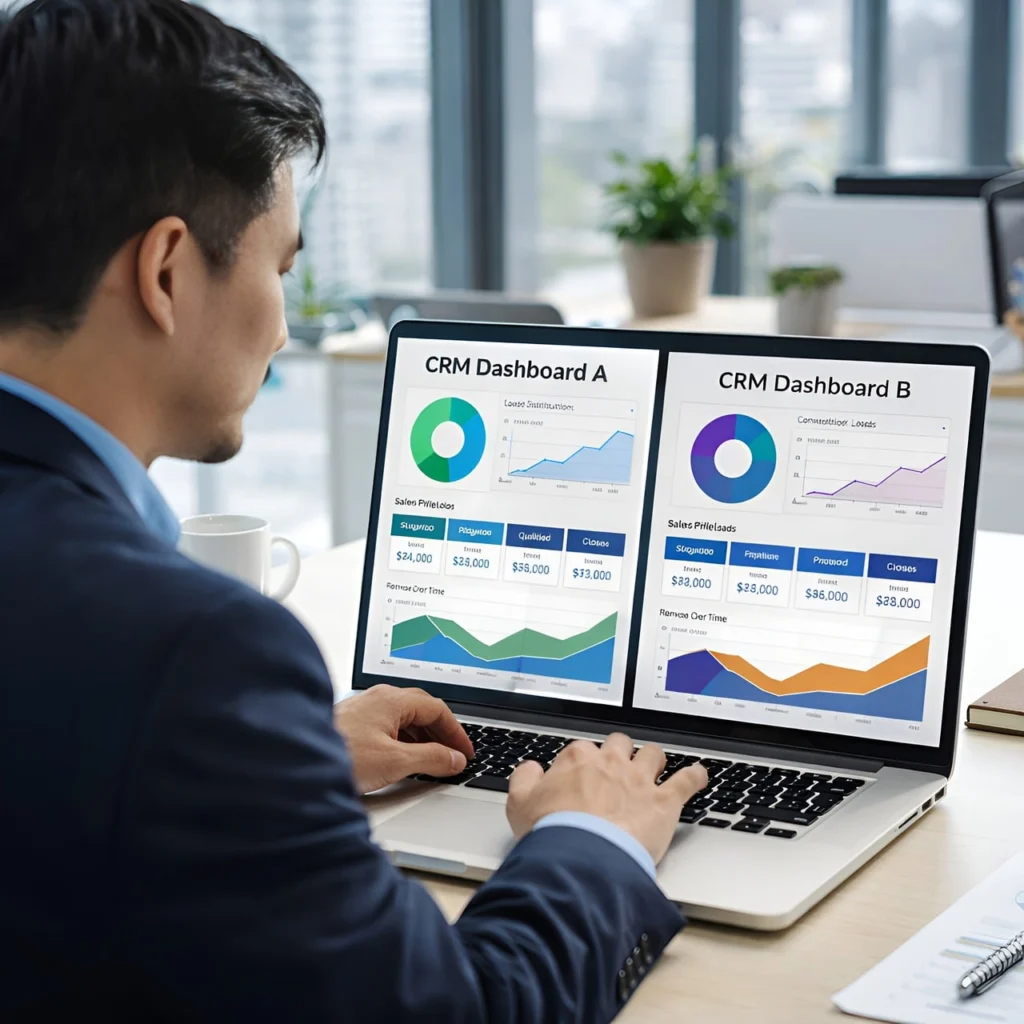 CRM dashboard showing marketing analytics charts and lead data