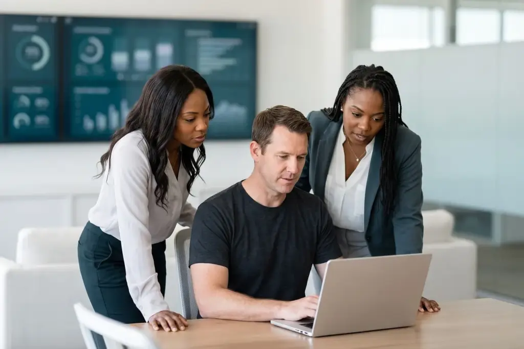 Marketing team reviewing performance data in a meeting room